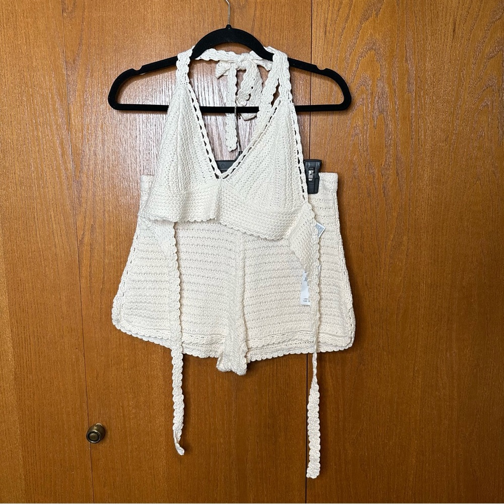 NWT AE Cream Crochet Halter Top and Shorts Set - Medium
